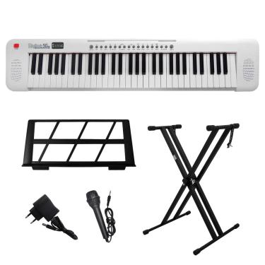 Imagem de Kit Teclado Musical Portátil 61 Teclas Rhythmic 50WH Branco com Suporte em X