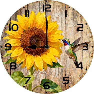 Imagem de Dlonvoh Relógio de parede de beija-flor girassol vintage de madeira rústica relógios redondos operados por bateria relógio decorativo de quartzo silencioso para casa, sala de estar, quarto, 30 cm