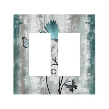 Imagem de Nadoabtm Capas decorativas rústicas azul-petróleo margaridas flores florais borboleta grão de madeira 2 gangues duplo GFCI balancim painéis elétricos de parede placa de cobertura para banheiro quarto