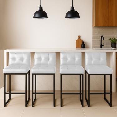 Imagem de Banqueta Cozinha Alta com Encosto Industrial Kit 4 Preto Lirina PU Branco C05 - D'Rossi