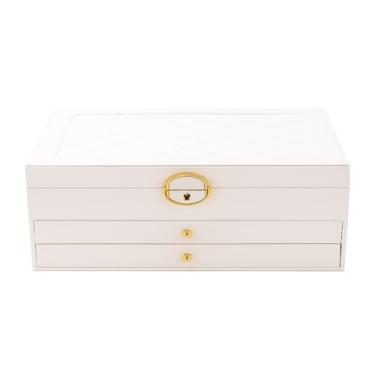 Imagem de Porta Joias de Couro PU com 3 Gavetas Fechadura com Chave de Segurança 2 Camadas Forro Aveludado 23x17x12,8cm Espaços Adicionais para Brincos de Pressão Design Elegante Espaçoso e Versátil (Branco)