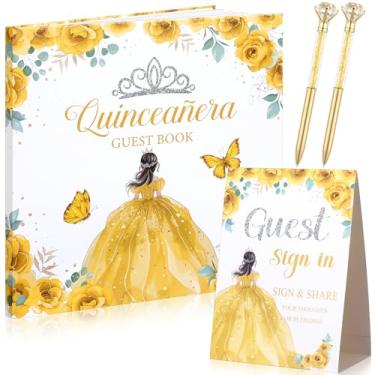 Imagem de Threehoney Conjunto de 3 peças de livros de visitas de quinze anos 15 lembrancinhas de festa de quinze anos com placa em pé e caneta de diamante com base decorações de aniversário de 15 anos (ouro)