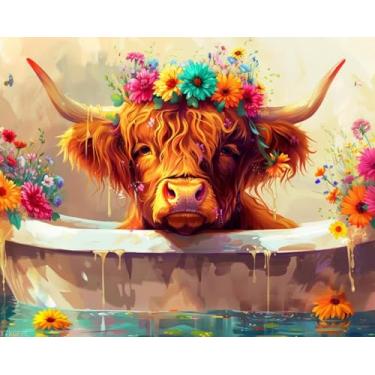Imagem de XTXGERL Kit bonito de pintura de vaca Highland por números para adultos, pintura estética moderna por número em tela, kits de pintura a óleo digital de arte abstrata adequados para decoração de parede