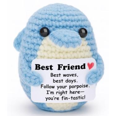 Imagem de Weming Mini pelúcia de golfinho de crochê com cartão positivo, feito à mão de 8 a 10 cm, decoração de mesa Kawaii, alegria o ano todo