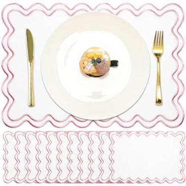 Imagem de Gandeer Jogo americano de linho, 13 x 48 cm, ondulado, bordado, recortado, camada dupla, lavável, fazenda, mesa de jantar, guardanapo de tecido, para Natal, hotel, restaurante, festa de casamento