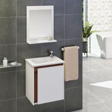 Imagem de Kit Gabinete de Banheiro com Espelheira 40cm Apollo Branco/Freijó