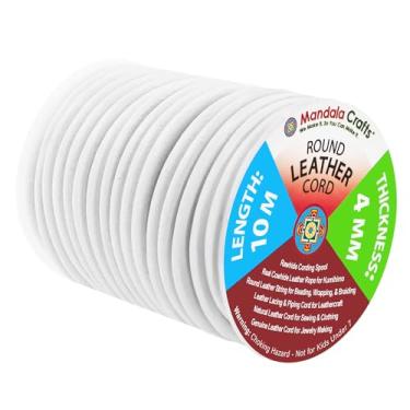 Imagem de Mandala Crafts Corda redonda de couro bovino genuíno, corda de couro natural para fabricação de joias, trança Kumihimo, cadarços (4 mm, branco)