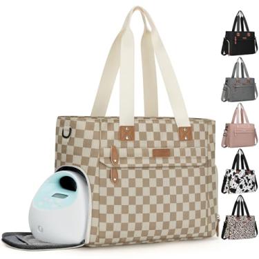 Imagem de Pritent Bolsa grande de viagem para fraldas com bolsa para laptop de 38 cm, bolsa de bomba de mama para mamãe e papai, bolsa de viagem para bebês e mães para meninos e meninas, xadrez