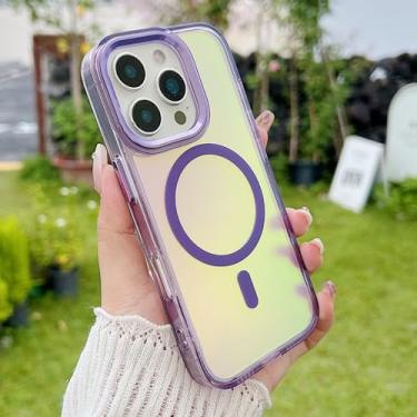 Imagem de Capa magnética a laser com efeito degradê para iPhone 17, 16 Pro, 14, 15 Plus, 13, 12, 11 Pro Max, à prova de choque, com borda reforçada em acrílico, roxa escura, para iPhone 16e.