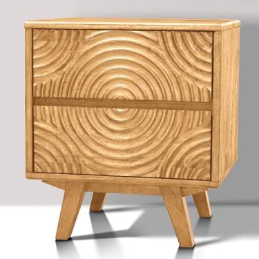 Imagem de Mesa de cabeceira Acacia Harmony de madeira maciça com 2 gavetas – Mesa de cabeceira moderna de meados do século com frente esculpida, acabamento em carvalho vintage, mesa de canto para quarto ou sala