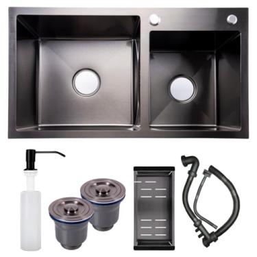 Imagem de Cuba Dupla Premium de Cozinha Quadrada Preta Inox78x43 SOFTINOX Acabamento Preto Escovado Acompanha Kit com Dispenser, Válvula, Cesto Escorredor e Kit de Instalação
