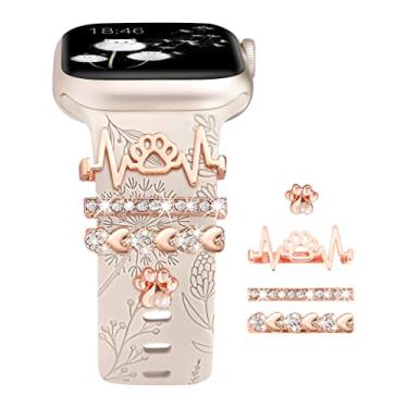 Imagem de Pulseira feminina de silicone com gravação floral e argolas decorativas para Apple Watch Ultra 3, séries 9, 8, 7, 6, 5, 4, 3, 2, 1, SE, Starlight + Lightning Dog Paw