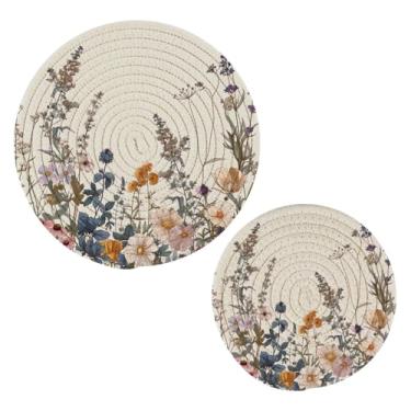 Imagem de Blueangle 2 peças de suporte de panela de flores silvestres em aquarela - conjunto de pegadores de panela de tecido redondo - almofadas quentes trançadas de algodão - porta-copos - tapetes de mesa