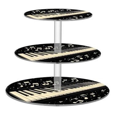 Imagem de Blueangle Suporte redondo de 3 camadas para cupcake – Torre de sobremesa acrílica com padrão de teclas de piano, suporte de sobremesa em camadas antiderrapante para chá de bebê, aniversário, festa de