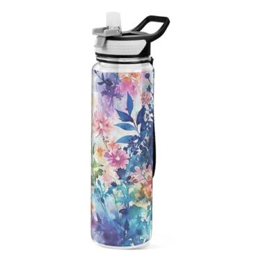 Imagem de ATTX Garrafa de água com padrão de flor em aquarela, 946 ml, à prova de vazamento e livre de BPA, garrafas de água reutilizáveis de plástico Tritan para viagens, academia, corrida (557)