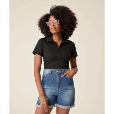 Imagem de Blusa Polo Cropped Feminina Canelada Marisa-40003, Preto, P