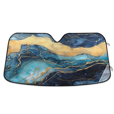 Imagem de ATTX Para-brisa de carro mármore dourado azul 134,6 cm x 59,7 cm escudo solar universal com proteção UV, persiana de janela frontal automática dobrável para caminhões Sedans SUVs #398