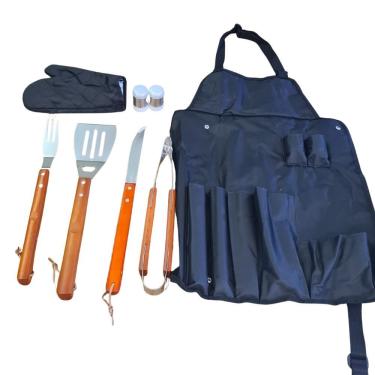 Imagem de Kit Churrasco Completo Com 8 Peças Utensílios De Inox Com Avental Luva Churrasco Corte Perfeito