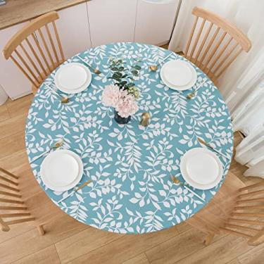 Imagem de NLMUVW Toalha de mesa redonda de vinil com borda elástica 100% impermeável à prova de óleo toalha de mesa de PVC para limpeza de mesa para ambientes internos e externos, folhas, 114 cm - 142 cm