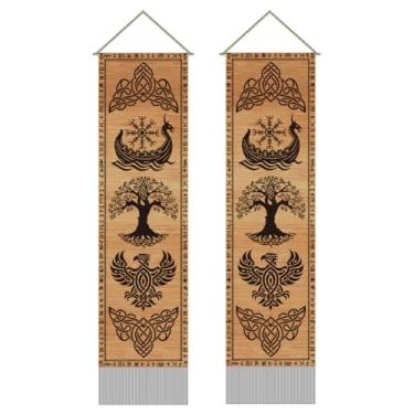 Imagem de AHANDMAKER Tapeçaria de madeira Vikings com 2 peças, tapeçaria vertical longa de árvore da vida e corvo, tapeçarias de parede com borlas de runas mitológicas para decoração de quarto, sala de estar