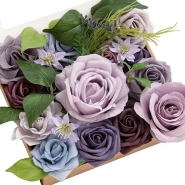 Imagem de Ling's Moment Caixa de flores falsas, hastes artificiais artificiais de espuma, rosas de seda, lilás para decoração de casamento, decorações de mesa, arranjos florais, lavanda e roxo, mini combo