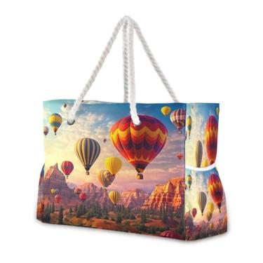 Imagem de Wassud Bolsa de praia com balões de ar quente voando grandes bolsas de praia para mulheres, à prova d'água, à prova de areia, bolsa de viagem com zíper e bolso para piscina, academia, acampamento