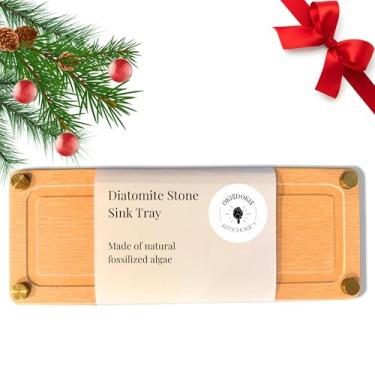 Imagem de OKIEDOKIE ARTICHOKIE Organizador de pia de pedra de secagem rápida feito de terra de diatomáceas | Bandeja de pedra absorvente de água para banheiro | Suporte de esponja de secagem instantânea para