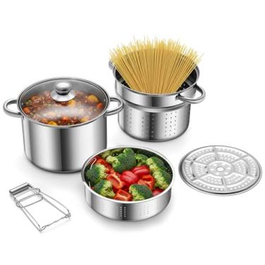 Imagem de Sawysine Panela de aço inoxidável para macarrão de 6 peças, panela a vapor de 10 litros, conjunto de panelas multipanelas com inserção de filtro para cozinha doméstica