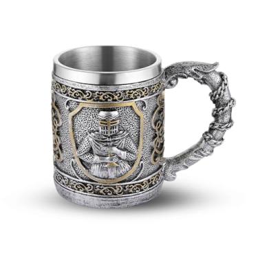Imagem de AsAlways Caneca de cerveja de aço inoxidável medievais cavaleiros templários caneca de cerveja novidade vinho café copo de bebida renascentista acessório presente 400 ml
