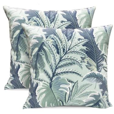 Imagem de RYSMIYOU Conjunto de 2 capas de almofadas decorativas de folhas grandes verdes azuis 50,8 x 50,8 cm, macias e curtas de pelúcia quadradas, capas de almofada de fazenda ao ar livre para sofá, sala de