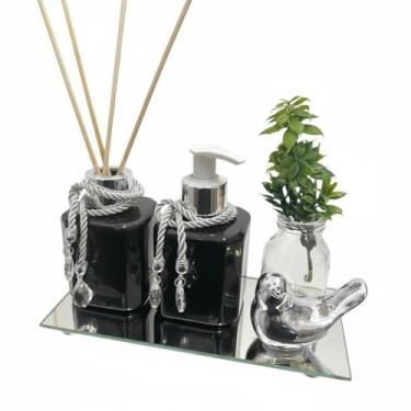 Imagem de Kit Lavabo Completo Frasco Pet 200ml Aromatizador e Saboneteira Com Bandeja Vaso Planta e Passarinho(Preto c/Prata)