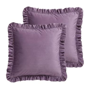 Imagem de patdrea Capas de almofada de designer para sofá 45,7 cm x 45,7 cm, capa de travesseiro lombar durável de veludo macio roxo claro com babados, fronhas decorativas de fazenda para cama, sala de estar