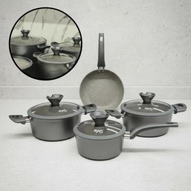 Imagem de Jogo Panelas Granito Marmorizado Antiaderente Fogão Indução Conjunto O