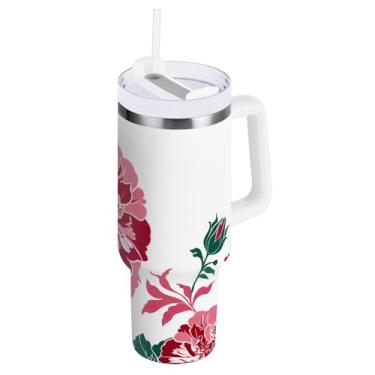 Imagem de ODAWA Copo grande de aço inoxidável de flores vermelhas e rosa com alça e canudo para viagem