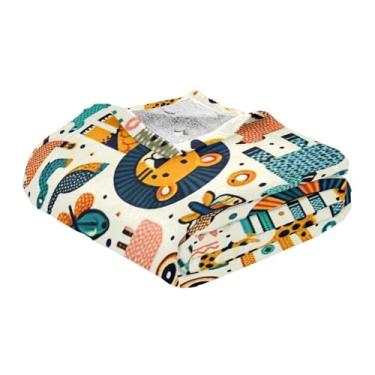 Imagem de ODAWA Colagem de animais safári cobertor branco que brilha no escuro, cobertor para cadeira 139,7 cm x 177,8 cm