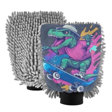 Imagem de ODAWA Pacote com 2 luvas para lavagem de carro de dinossauro, sem fiapos, espuma de chenille, de microfibra, canhão, luva para lavagem de carro 18 x 26 cm