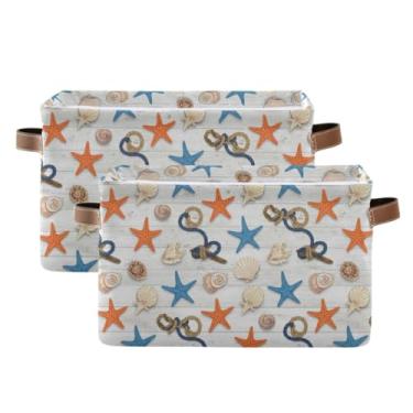 Imagem de Cestas de armazenamento retangulares com alças – 36 cm x 26 cm cestas de lona dobráveis dobráveis para prateleiras, home office rústica estrela do mar, pacote com 2