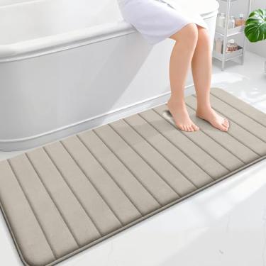 Imagem de OLANLY Tapetes de banheiro longos listrados de espuma viscoelástica 139 x 61, tapete de banho absorvente super macio, secagem rápida, tapetes de chuveiro laváveis na máquina, tapete de banho