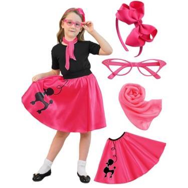 Imagem de APRROOT 50s Outfit for Girls Decades Day Outfits Kids Girls Poodle Skirts 50s Costume with Headbands, Glasses, Scarves 4-6Y Hot Pink S