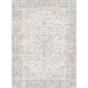 Imagem de WondRg Tapete de corredor vintage lavável de 6 x 20 cm para sala de estar, quarto, bege, cinza, macio, antiderrapante, tapete leve, floral, de pelo baixo, desgastado, corredor, cozinha, quarto