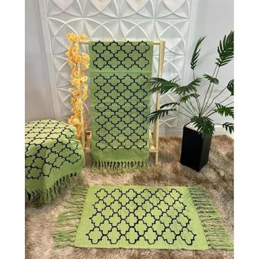 Imagem de Kit Passadeira de Cozinha 3 Peças Geométrica – Jogo de Tapetes em Tecido Grosso Algodão para Cozinha Sala e Quarto (Verde c/Colmeia Preto)