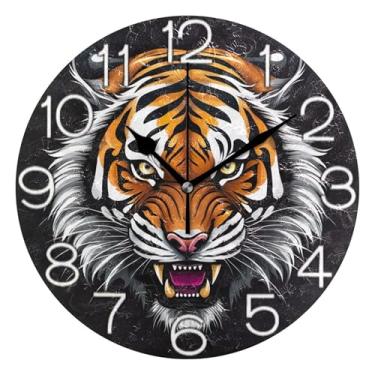 Imagem de GAIGEO Relógio de parede analógico decorativo escritório cozinha relógio divertido alimentado por bateria, decoração de parede moderna casa de fazenda legal cabeça de tigre preto, 25 cm, ponteiros
