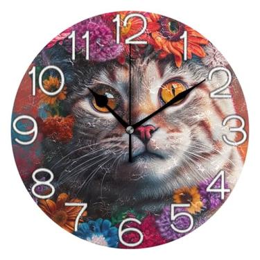 Imagem de GAIGEO Relógio de parede analógico decorativo estético silencioso sem tique-taque relógio de cozinha para escritório, arte de parede moderna, decoração de casa, gato fofo floral colorido, 25 cm
