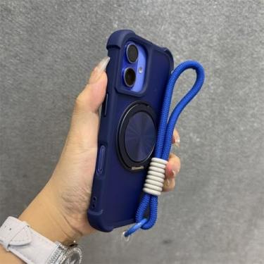 Imagem de Capa com suporte giratório 360 para iPhone 13, 12, 14, 15, 16 Pro Max, 14, 15, 16 Plus, capa anti-impacto com airbag e alça de pulso, azul, para iPhone 15 Plus
