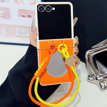 Imagem de Capa de couro espelhado de luxo para Samsung Galaxy Z Flip 3 4 5 6 7 5g Zflip7 Fe Flip6 com cordão e proteção para dobradiça (para Galaxy Z Flip5/Laranja)