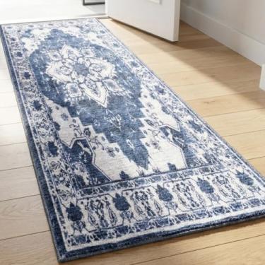 Imagem de Muddy Mat Tapetes laváveis Navybell de 0,6 m x 2,1 m para sala de estar, quarto e sala de jantar – Tapete moderno macio e antiderrapante – Tapetes dobráveis à prova d'água para animais de estimação