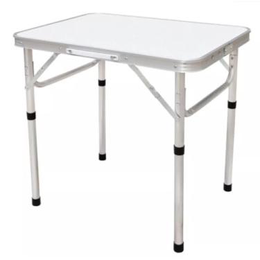Imagem de Mesa Dobrável de Alumínio 60x45cm Branca com Tampo em MDF e Alça Portátil Ideal para Camping Churrasco Praia e Piquenique