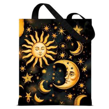 Imagem de QYCFDXD Bolsa feminina de lona celestial sol lua astrologia mística estética reutilizável para compras de supermercado, viagens, trabalho, praia