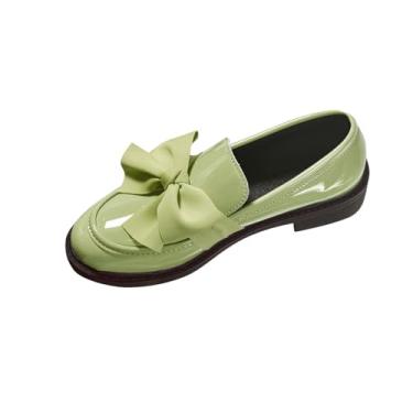 Imagem de Mocassins femininos casuais de couro estilo primavera moda casual cor sólida laço de um pé salto grosso salto baixo, Verde, 35