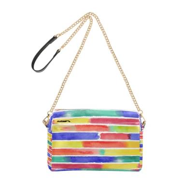 Imagem de Joitme Bolsa feminina com listras coloridas vibrantes e transversais, bolsa para celular, bolsa de ombro de couro PU, alça de corrente